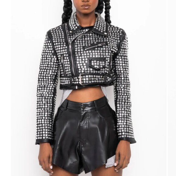 Callie Lives Xena 3006 Black AZALEA WANG 3000 Rhinestone Studded Moto Jacket ML - Picture 9 of 14